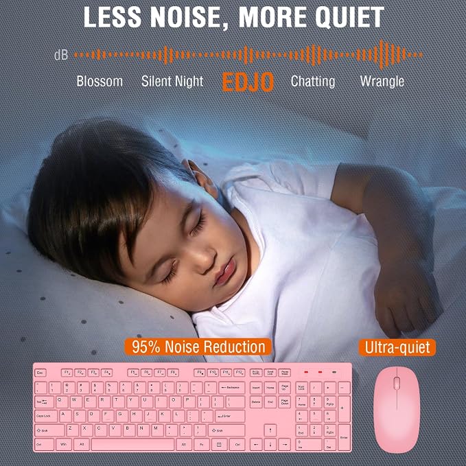 Wireless Keyboard and Mouse Combo, EDJO Silent Full Size Cordless USB Keyboard Mouse, 2.4GHz Lag-Free, Long Battery Life, for Computer, Laptop, PC, Chromebook, Windows (Pink, 1 Pack)