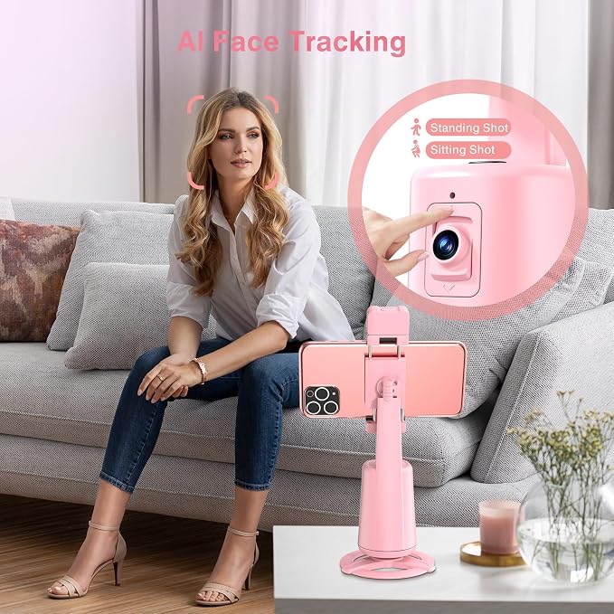 Auto Face Tracking Tripod 360° Rotating Cell Phone Photo and Video Kits Stand, No App, Camera Stand with Remote and Gesture Control, Rechargeable Smart Shooting Stand for Live Recording Tiktok（Pink）