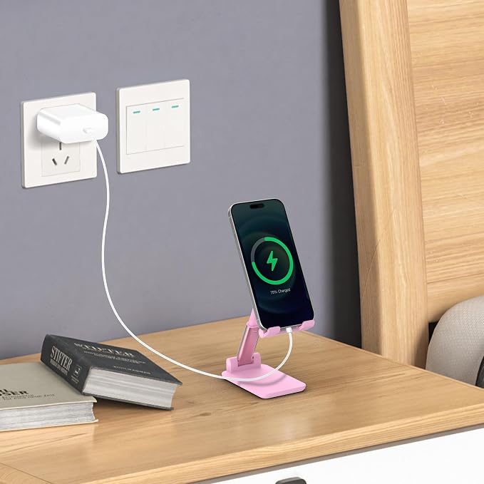 Cell Phone Stand, Adjustable Angle and Height Cell Phone Holder for Desk, Foldable and Portable, Anti-Slip Silicone Pad, Compatible with All Mobile Phones and 4-8 Inch Devices (Pink&Green)