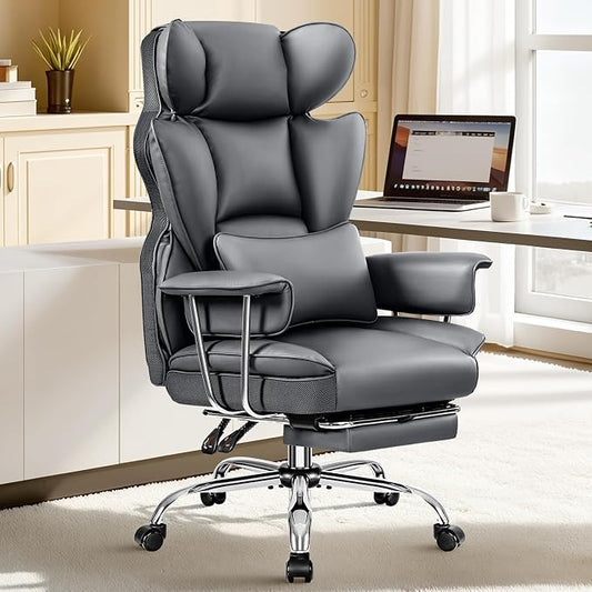 ALLGOD Big and Tall Office Chair 400LBS, Executive Ergonomic Leather Chair with Footrest, Wide Seat Gaming Office Chair with Pocket Spring Cushion, Reclining High Back Computer Desk Chair, Grey