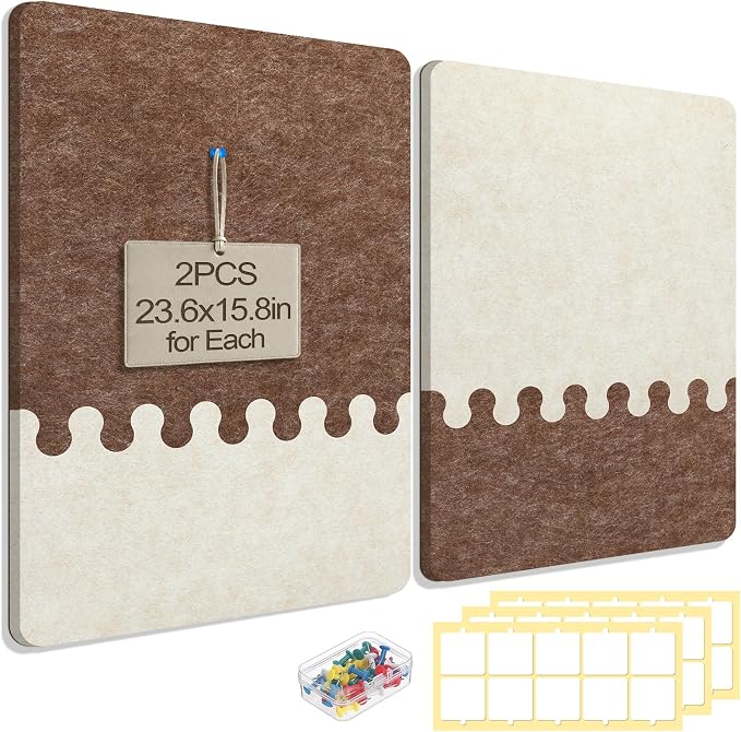 2Pcs Thickened Felt Bulletin Board for Home Office Wall Decor, 23.6x15.8in | Create a Comfy, Personalized Office, 2-Tone Vision Pin Board with Pins & Nano Tapes, Cork Boards Alternative, Brown/Camel