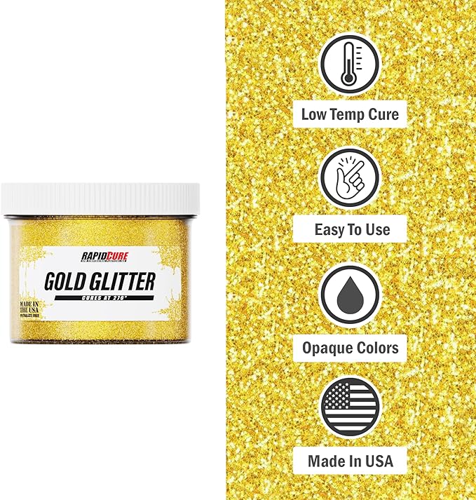 Rapid Cure® Screen Printing Ink Gold Glitter (Pint - 16 oz.) - Plastisol Ink for Screen Printing Fabric - Low Temp. Curing Plastisol by Screen Print Direct - Gold Glitter Silk Screen Printing Ink