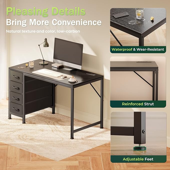 39.4 Inch Computer Office Desk with Power Outelts and USB-C Port, Reversible Gaming Desk with 4 Fabric Drawers, Work Study Desk Work from Home, Black