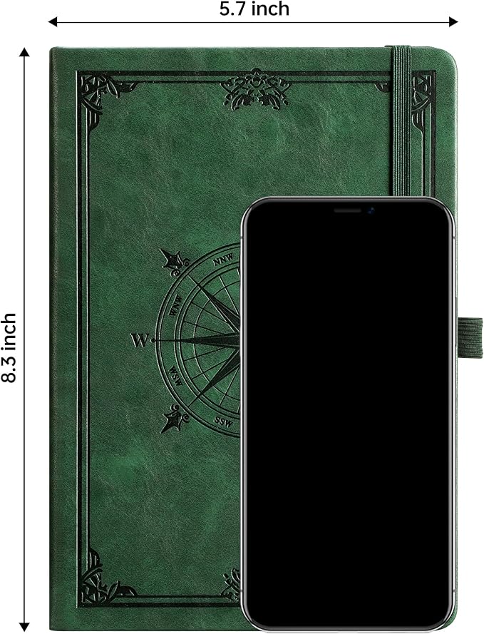 AHGXG Graph Grid Paper Notebook, 192 Pages, A5 Medium Size (5.7'' x 8.3'') | 5 Squares per Inch, Leather Hardcover, 100 GSM Thick Paper, for School, Students, Math, Engineering (Dark green)