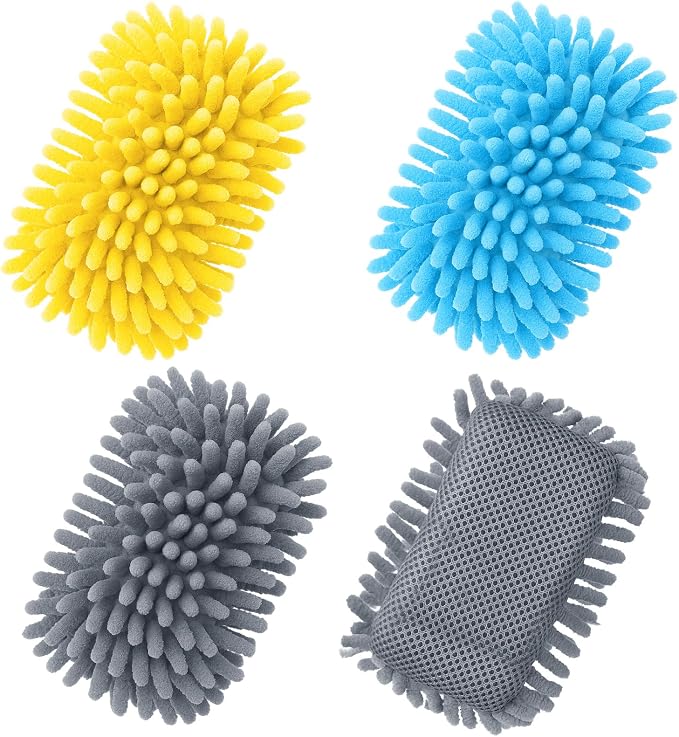 Zonon 4 Pcs 5" x 3" Dry Erase Eraser, Blue, Yellow, Gray | Microfiber Shag Washable Whiteboard Erasers for Markers and Chalk, Reusable Board Cleaners, Classroom Office Home Use