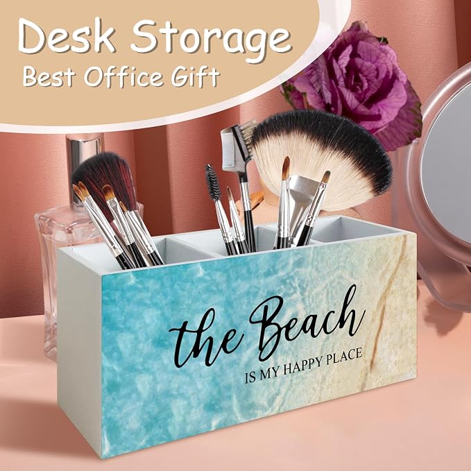 Beach Gifts for Women Men, The Beach Is My Happy Place Pen Holder for Home Office Kitchen Desk Decor, Beach Wooden Pencil Holder Sign Organizer for Home Office Desk Accessories,