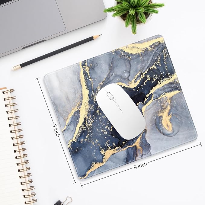 Mouse Pad, Minimalism Marble Style Computer Pad, Anti-Slip Rubber Mouse Mat with Stitched Edges for Gaming, Office, Laptop, PC, Women, 9" x 8" Thick 3 mm, Blue Gray Marble