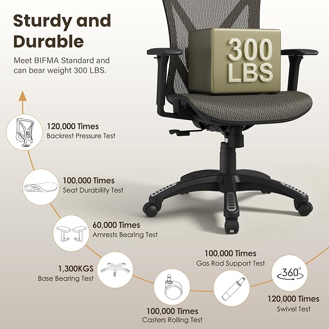 Ergonomic Office Chair, Mesh Computer Desk Chairs with Adjustable Lumbar Support, 3D Armrests, Tilt Function, Comfy Wide Seat, Swivel Executive Work Task Chair for Company and Home