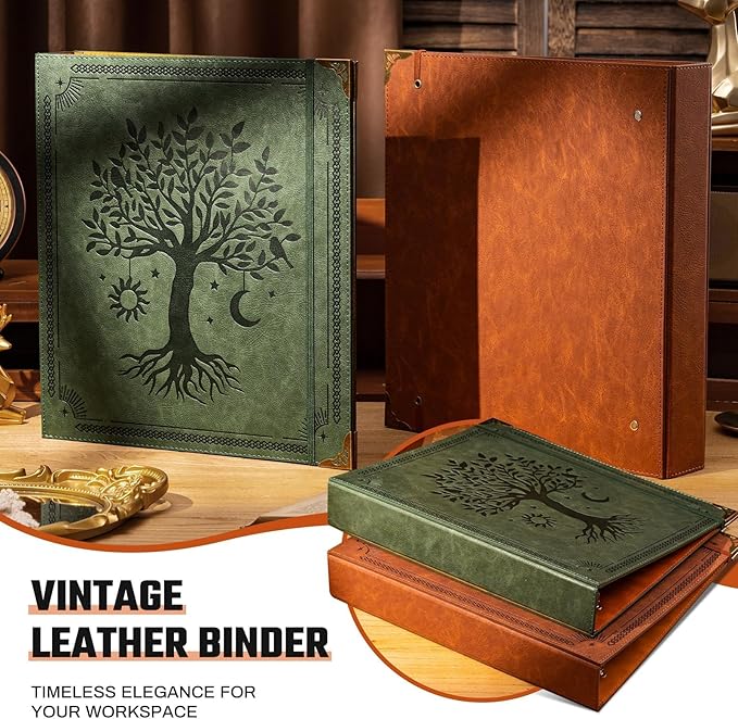 Leather D Ring Binder Fits 8.5"x11" Letter Size Paper, 1.5 Inch D-Ring Binders Holds 400 Sheets, Notepad Paper Cover Loose Leaf Organizer with Inner Pockets, Green Tree