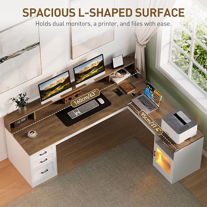 63" L Shaped Desk with Drawers, Corner Desk with File Cabinet | LED L Shaped Office Desk with Storage, Wooden L Shaped Executive Desk with Power Outlet & Monitor Stand, White and Walnut