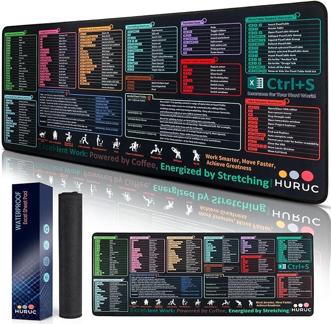 Excel Cheat Sheet Desk Pad – XL Excel Mouse Pad Shortcuts 35.5"x15.7", Waterproof Non-Slip Desk Mat with Shortcut Keys & Formulas, HD Print, Stitched Edges for Work & Gaming