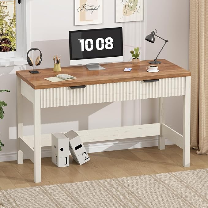 47 Inch Small Fluted Computer Desk with 2 Drawers for Bedroom, Home Office | Small Computer Desk with Storage, Compact Writing Study Desk for Small Spaces