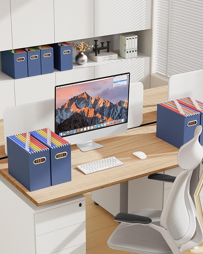 Portable Collapsible Cardboard File Box with Handle for Letter-Size | 8-Pack. Stainless Steel Handle. Label Stickers Included. Fits Letter Folders (Not Included). Home, Office, School, Dorm, Tax.