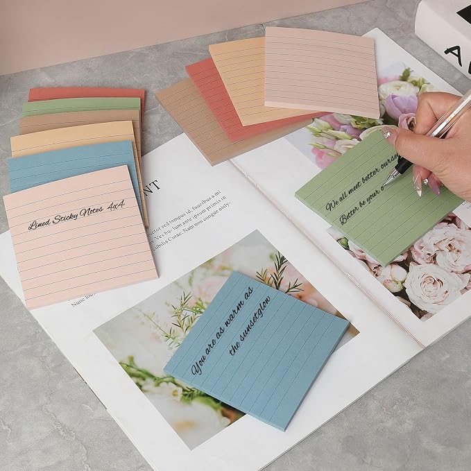 (12 Pack) Lined Sticky Notes 4x4 in, 6 Vintage Colors Self-Stick Note Pads | Super Sticking Power Memo Pads, 4x4 Large Square Sticky Notes for Office, Home, School, Meeting