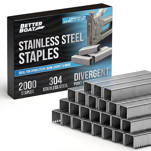 Better Boat Type T50 Stainless Steel Staples for Staple Gun, Heavy Duty | Staples Pack, Bunk Carpet, Upholstery Compatible with T-50 Staple Guns 3/8" width crown, 2000 Pack 1/2" Leg