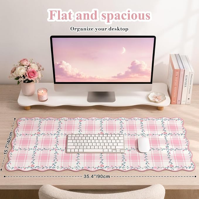 iCasso Light Pink Scalloped Writing Pad, 35.4"x15.7" Table Mat for Desk | Retro Non-Slip Base Scalloped Mousepad for Classroom, Floral Desk Pad Stitched Edges for Gaming Office Study Space