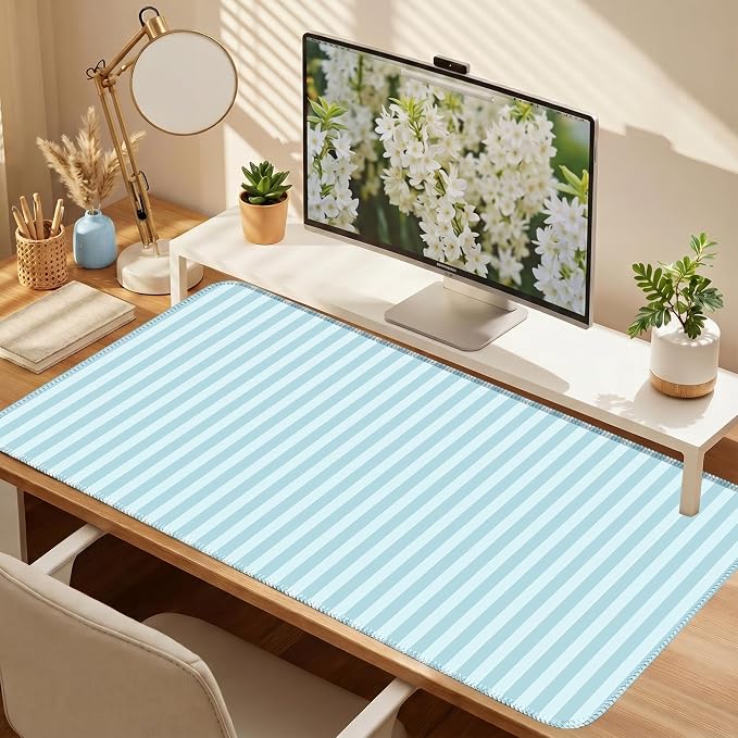 Sky Blue Striped Desk Mat Cute Pastel XXL Large Gaming Mouse Pad Desk Pad Kawaii Aesthetic Home Office Decor Cozy Keyboard Laptop Computer Mat
