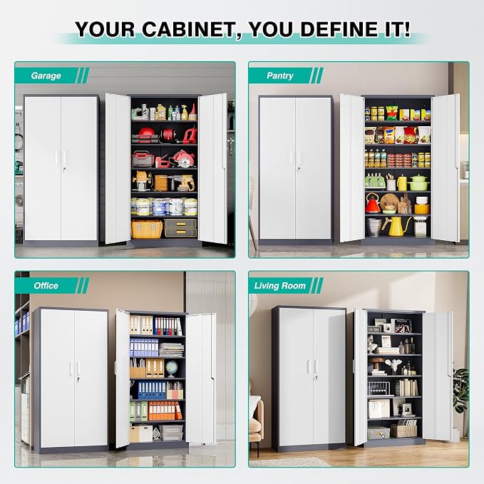 6 Tier Storage Cabinet with Doors and Shelves,71" Tall Metal Storage Cabinet with Lock Door Adjustable Shelf, Steel Lockers for Office, Home,School,Kitchen,Garage Tool Utility Cabinet