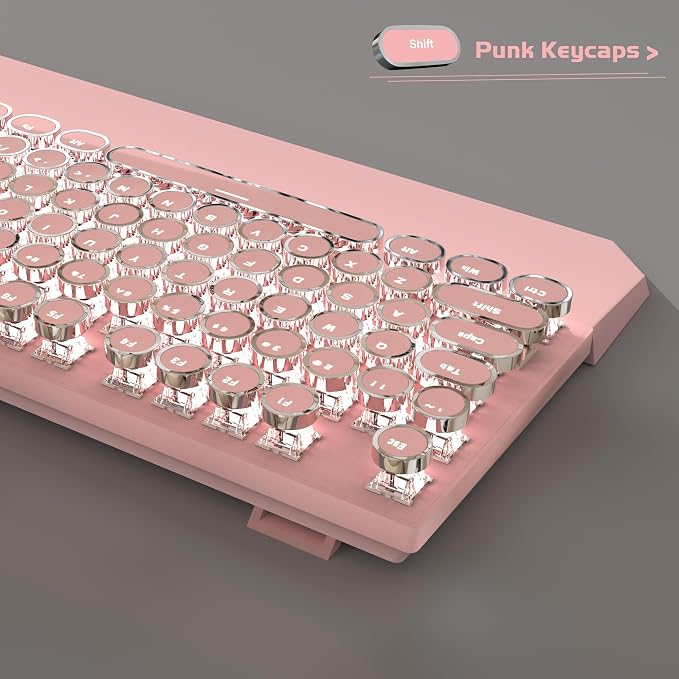 MageGee Typewriter Mechanical Gaming Keyboard, Retro Punk Pink Round Keycaps, 104 Keys LED White Backlit Wired Keyboards for Laptop MAC PC Gamer, with Magnetic Wrist Rest, Blue Switch