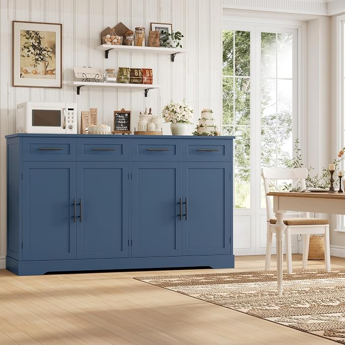 HOSTACK 60" W Sideboard Buffet Cabinet with Storage, Kitchen Cabinet, Blue | 36" Tall Kitchen Buffet Storage Cabinet with 4 Drawers, Large Coffee Bar Cabinet, Modern Buffet Table for Dining Living Room