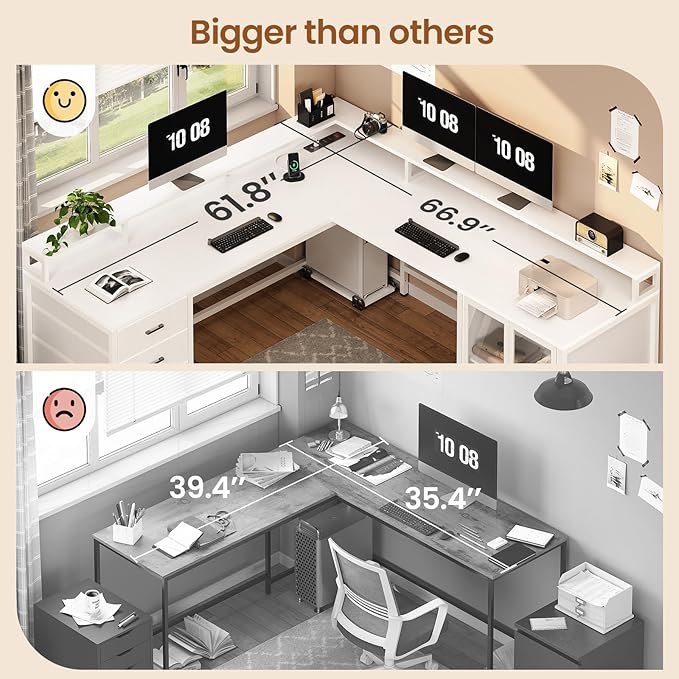 SEDETA L Shaped Gaming Desk with 4 Drawers, 109” Computer Desk with Display Cabinet, Home Office Desks with 2 Monitor Stands, CPU Stand, LED Lights and Power Outlet, White