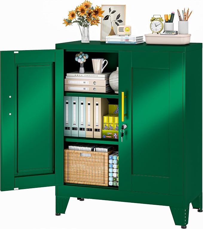 36" Metal File Storage Cabinet with Lock,Steel Locker Organizer, Office File Cabinet with 2 Doors and 2 Adjustable Shelves,Outdoor Tool Garage Cabinets for Home Office,Gym,School,Warehouse(Green)