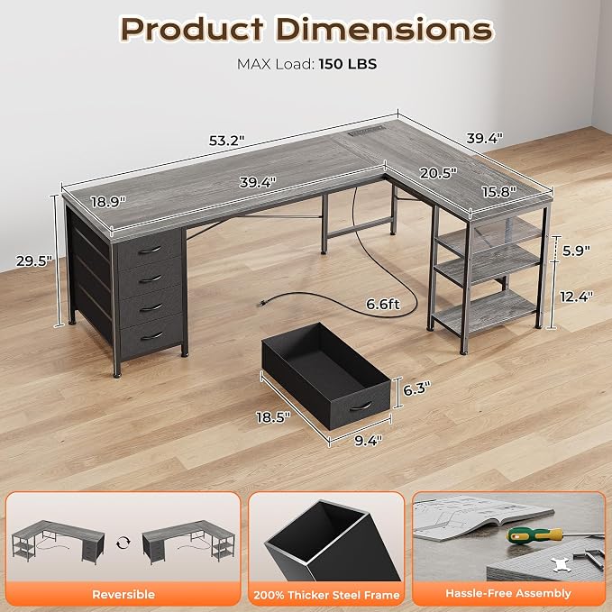 Huuger 55 Inch L Shaped Desk with Fabric Drawers, Reversible Computer Gaming Desk with Power Outlets and USB-C Port, Adjustable Side Storage Shelves, for Work Study Corner Home Office, Grey,1CD078H