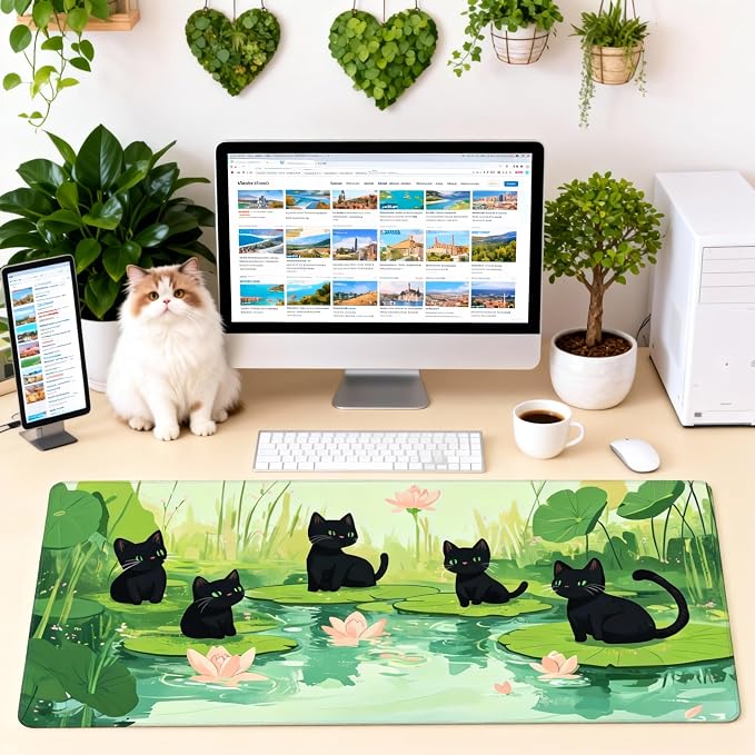 Cute Anime Black Cat Gaming Mouse Pad, Forest Green Anime Desk Mat with Anti-Slip Base & Stitched Edges, Office Supplies & Desk Decor for Women, 35.4" x 15.7" in Home Office Essentials