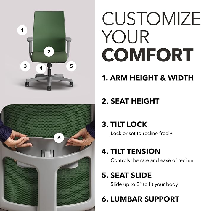 HON Ignition 2.0 Ergonomic Office Chair, Lumbar Support, Desk Chair, Leaf | Ergonomic office desk chair with lumbar support, adjustable arms, office decor, workstation comfort for focused productivity