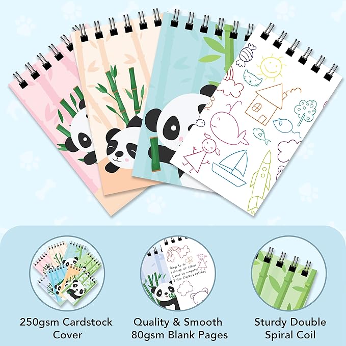 Decorably 24 Pack Panda Party Favors for Kids 8-12 - 12 Adorable Designs 2.4x4in Panda Notepad, Spring Bound 20 Sheets