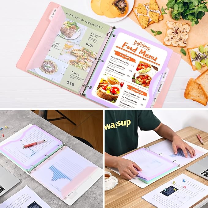 30 Counts Dividers for 3 Ring Binder, 5-Tabs Binder Dividers with Pocket for US Letter Size, 5 Pastel Recipe Binder Dividers with 1/5 Cut Tabs for Back to School/Office/Home, Pastel Color (6)
