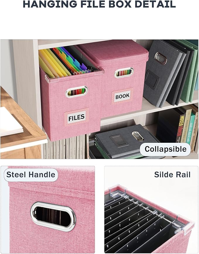 File Organizer With Lid, Hanging Filing Box With Mesh Pocket, Document Organizer for Letter Files, Portable Storage With Smooth Sliding Rail for Office & Home (2 PCS, Pink)