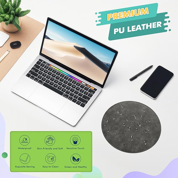 Mouse Pad，Round Mouse Pad，PU Mouse Pad，Leather Mouse Pad with Stitched Edge Micro-Fiber Base with Non-Slip Waterproof，Mouse Pad for Computers，Laptop，9 x 9 Inch (Gray)