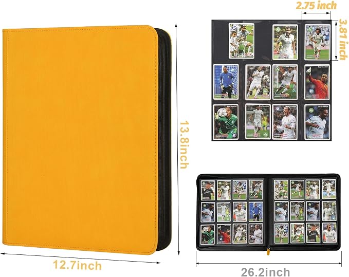 12 Pocket Ringless Side Loading Trading Card Binder, 720 Cards PU Fixed Page Zipper Card Album for TCG Sports Game Cards, Not Fit Top Loaders (Yellow)