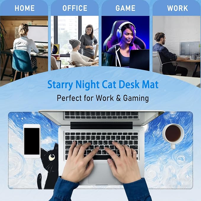 Starry Night Cat Mouse Pad,Cute Van Gogh Inspired Desk Mat,31.5x12in | Large Blue White Kawaii Black Kitty Gaming Mousepad,Nebula Sky Anime Aesthetic Desk Decor Keyboard Mat,80 x 30 cm