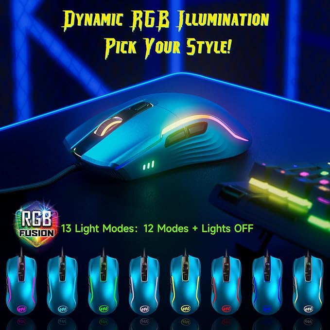 memzuoix Wired Gaming Mouse with RGB - 6 Adjustable DPI up to 12800, 6 Buttons, 12 Lighting Modes, Ergonomic Design with Anti-Slip Rubber Wheel, 5.6ft Braided Cable for PC/Mac/Windows - Blue