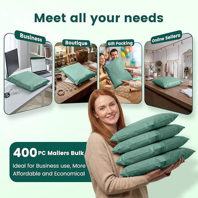 Metronic Poly Mailers 14.5x19 400 Pack, Heavy Duty Shipping Bags Bulk Self Seal Waterproof Tear Resistant Large Mailing Envelopes, Packaging bags for Small Business, Clothing, Grayed Jade Green