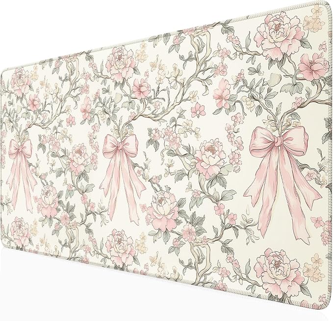 Floral Desk Mat Vintage Chinoiserie Large Mouse Pad Coquette Aesthetic Office Decor Flower Pink Bow Gaming Pad Cottagecore Desk Decor