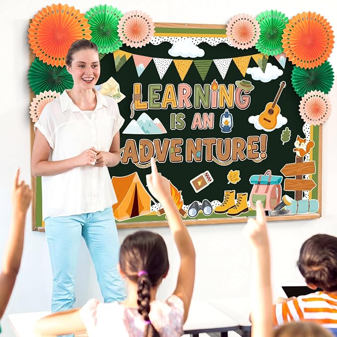 Camping Bulletin Board Decorations with Paper Fans 3D Explore Adventure Classroom Bulletin Board Set Summer Camp Tent Forest Woodland Cutouts Back to School Office Wall Door Decor