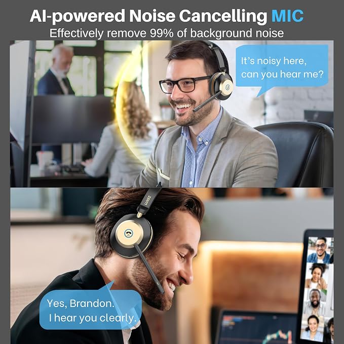 Bluetooth Headset, Wireless Headset with Mic for Work, Bluetooth 5.3, Wireless Headphones with AI Noise Cancelling Microphone (Clear Calls & Mic Mute), for Computer/PC/Laptop, USB Dongle.