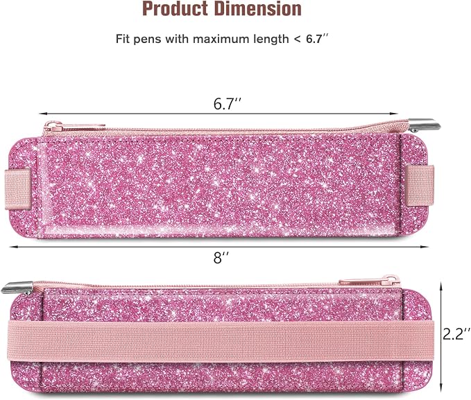 FINPAC 2-Pack Elastic Pen Holder for Notebook Leather Pen Holder | Stationery Zipper Bag for Pencils, Pen Pouch with Elastic Band for Bible Journaling, Planners, Tablets, Glitter Pink & Gray