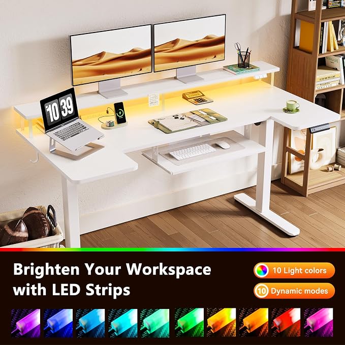 63 Inch U Shaped Electric Standing Desk with Keyboard Tray, White | Power Outlet, Monitor Stand, LED Light, 3 Presets, 28.3"-46.5"in Range, 154 lb Capacity