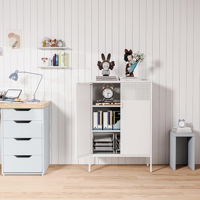 Washsemba 2 Mesh Door Metal Storage Cabinet with Adjustable Shelves, Multipurpose White Storage Cabinet, 3-Tier Office Cabinet,Metal Storage Cabinet for Office Home,Hallway (White, 47''H)