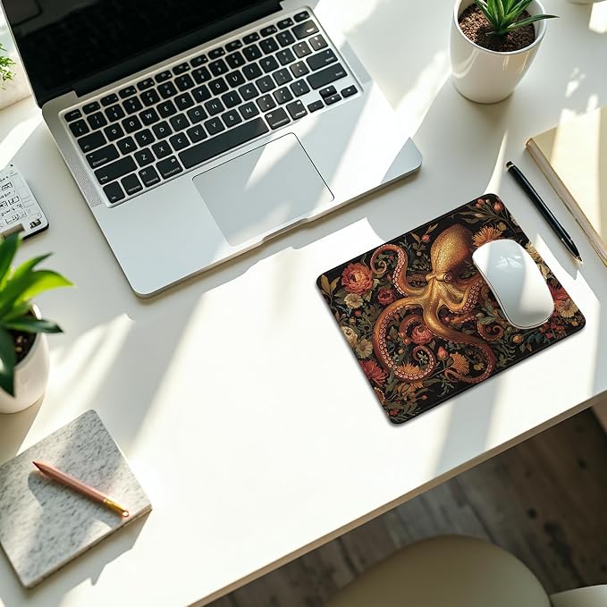 Vintage Moody Floral Octopus Mouse Pad, Dark Academia Cottagecore Wildflower Octopus Mouse Pads Mousepad for Home Office Dorm Computers Laptop Supplies Desk Accessories, 9.5x7.9 Inch