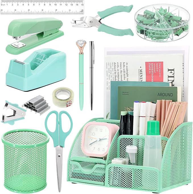 13-in-1 Office Desk Organizer Set for Back to School Supplies Accessories | Organizer Set with Stapler and Tape Dispenser, Pen Holder, Scissors, Ruler, Hole Punch, 2 Pens & More Desk Supplies