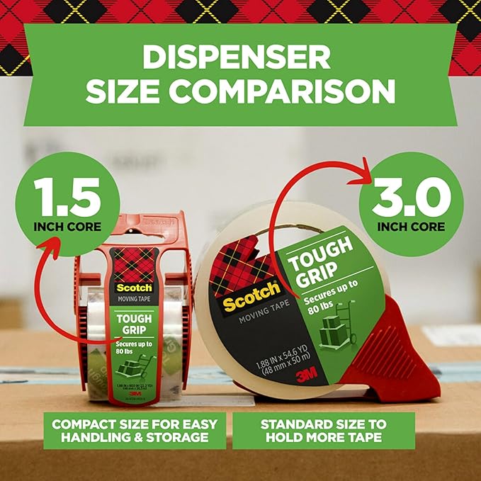 Scotch Tough Grip Moving Packing Tape, Clear, Moving Tape That Secures Boxes up to 80 Pounds, 1.88 in. x 54.6 yd., 2 Rolls with 1 Dispenser