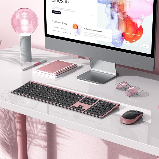 Vssoplor Wireless Keyboard and Mouse, Rechargeable Ultra Slim, Rose Gold | Quiet Full-Size Keyboard and Mouse Combo Set, for Laptop, PC, Notebook, Desktop, 2.4GHz Stable Connection, Ideal for Office