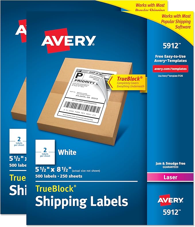 Avery Half-Sheet Printable Shipping Labels, 5.5" x 8.5" Customizable Stickers, White, 1,000 Blank Mailing Labels, Great for Mailing, Shipping, Organizing, and More (2-Pack of 5912)