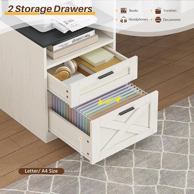 63" Farmhouse L Shaped Desk with Drawers & Storage Shelves for Home Office | Corner Desk with Outlets & LED Lights, L-Shaped Office Desks with File Drawer, Printer Shelf, Monitor Stand, Black & White