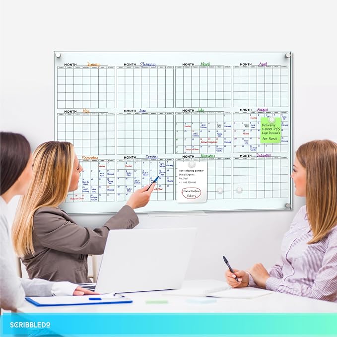 Yearly 24"x36" Glass Magnetic Whiteboard Calendar Planner - Dry Erase Board for Wall Monthly Home Office Large Wall Calendar